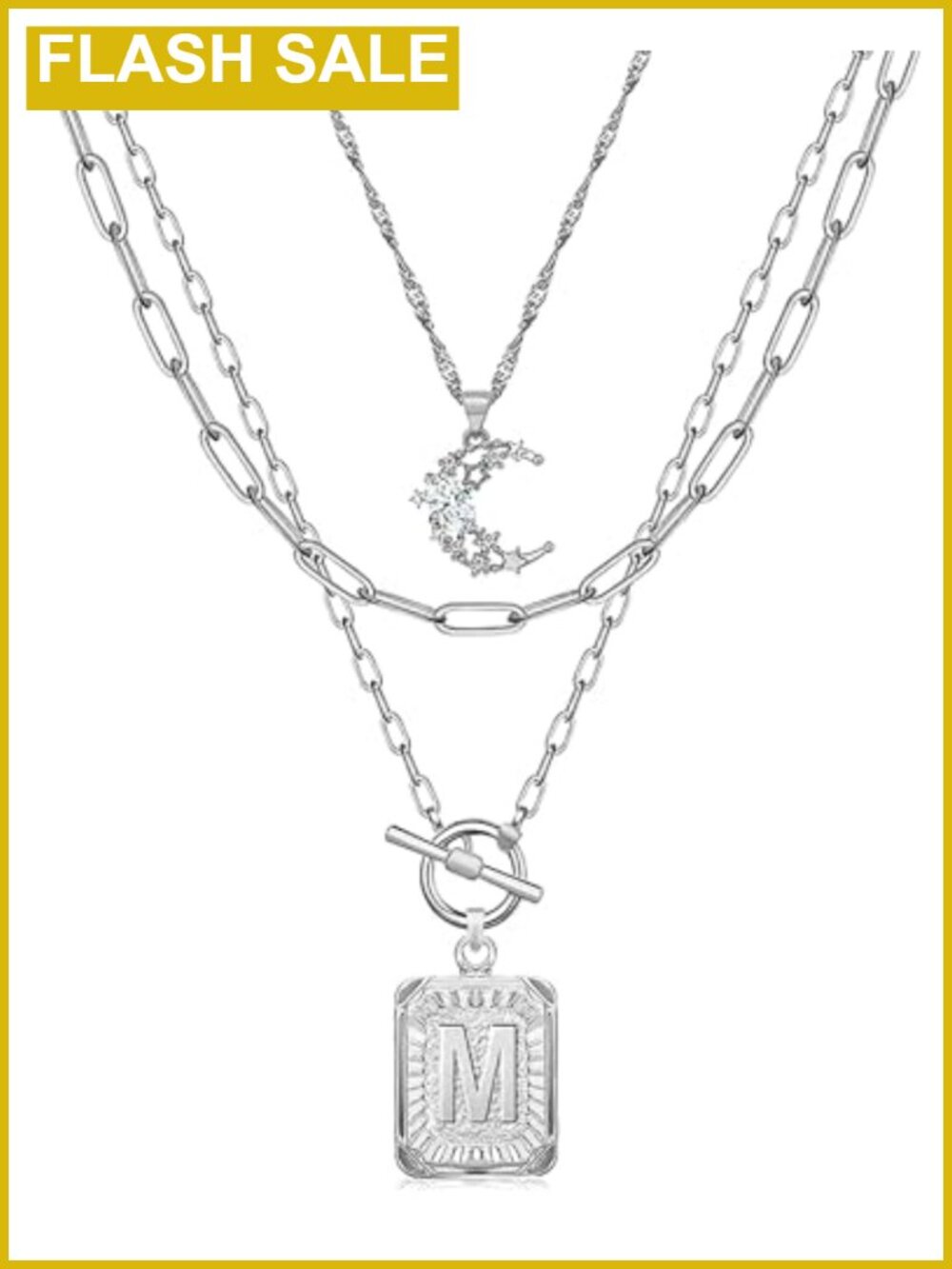 Layered Initial Necklace 14K White Gold Plated Brass Paperclip Chain